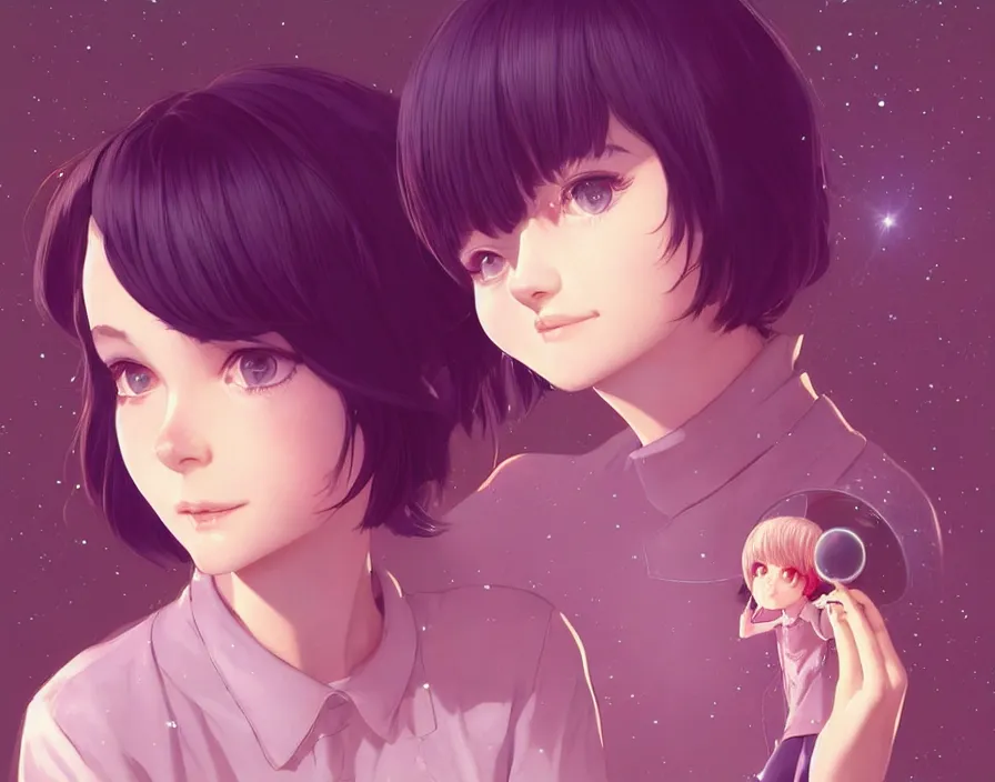 Image similar to cute impoverished college stoner woman studies pulsar stars. short silky hair, velvet, film, occlusion, shadow, specular reflection, rim light, artstation, pinterest, art by range murata and ilya kuvshinov, intricate highly detailed 8 k illustration, surreal