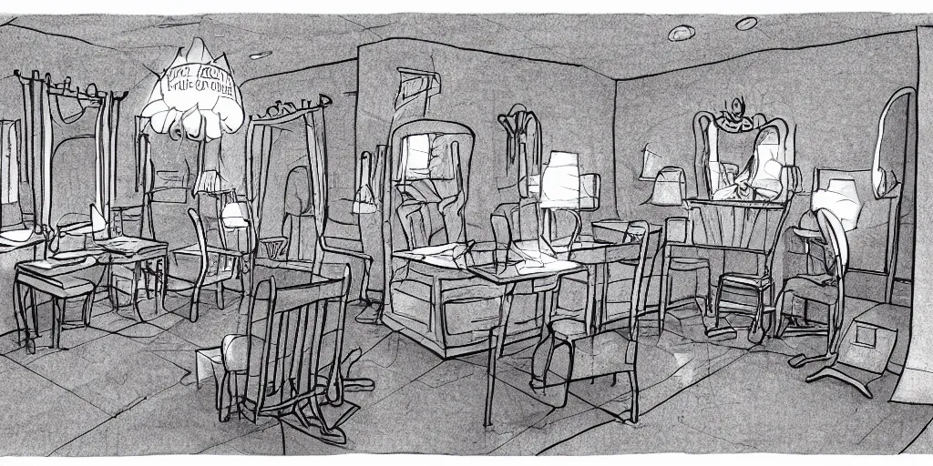 Prompt: a dimly lit, theater dressing room, with a mirror, a chair, a couch, day of the tentacle style, drawn by Peter Chan, 5 point perspective