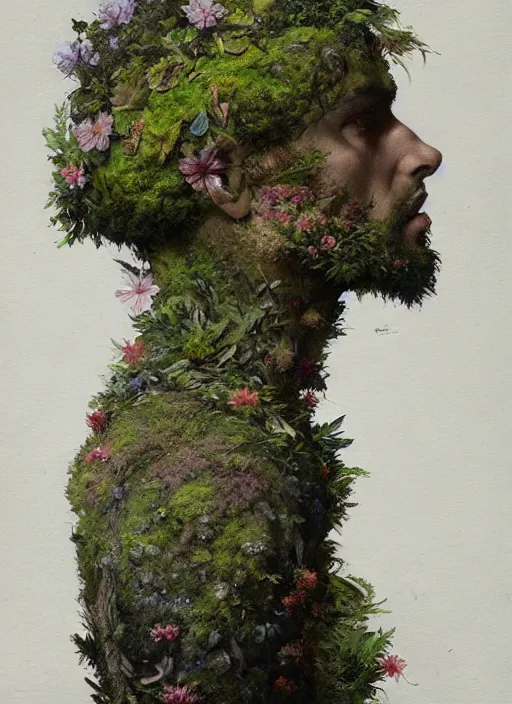 Prompt: a man made of moss and flowers, full body view, beautiful high quality realistic fantasy art, trending on artstation by artgerm and greg rutkowski and alphonse mucha