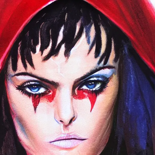 Image similar to photorealistic picture, by bob peak and alex ross and john romita jr, red riding hood lost in miami, gouache and wash paints, fine details, fine intricate, fine facial proportionate, fine body proportionate, smooth focus, sharp details, bokeh, 4 k, fine 5 k details