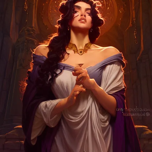 Image similar to Esmeralda from the Hunchback of Notre Dame, fantasy, intricate, elegant, highly detailed, digital painting, artstation, concept art, matte, sharp focus, illustration, art by Artgerm and Greg Rutkowski and Alphonse Mucha