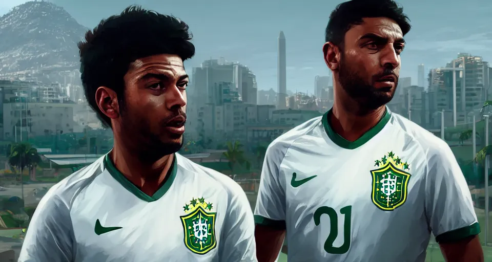 Prompt: highly detailed portrait brazillian ssoccer player in gta v, full stadium world cup, happy ambience, stephen bliss, unreal engine, fantasy art by greg rutkowski, loish, rhads, ferdinand knab, makoto shinkai and lois van baarle, ilya kuvshinov, rossdraws, tom bagshaw, global illumination, detailed and intricate environment