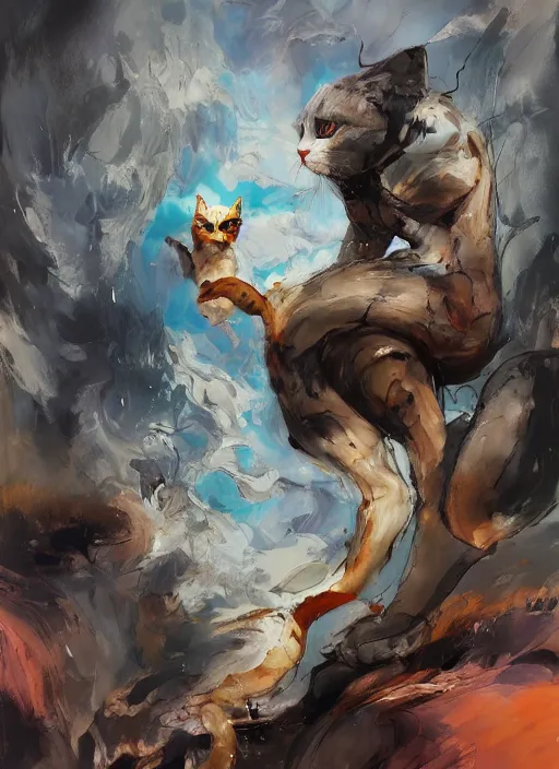 Prompt: surreal gouache gesture painting, by yoshitaka amano, by ruan jia, by Conrad roset, by dofus online artists, detailed render of cats fighting,cats, felines, meow, cats, portrait, cgsociety, artstation, rococo mechanical, Digital reality, sf5 ink style, dieselpunk atmosphere, gesture drawn