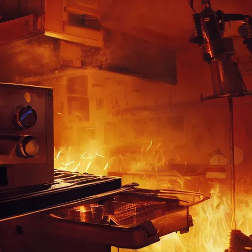 Image similar to head of toaster oven mecha, dark messy smoke - filled cluttered workshop, dark, dramatic lighting, orange tint, cinematic, highly detailed, sci - fi, futuristic, movie still