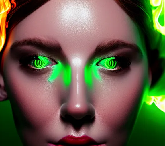 Image similar to portrait of a woman with horns made of flames and glowing green eyes, in the wisps of thick smoke, looking into the camera, studio photography, studio lighting, realistic render, octane render, 4 k, 8 k, face in focus