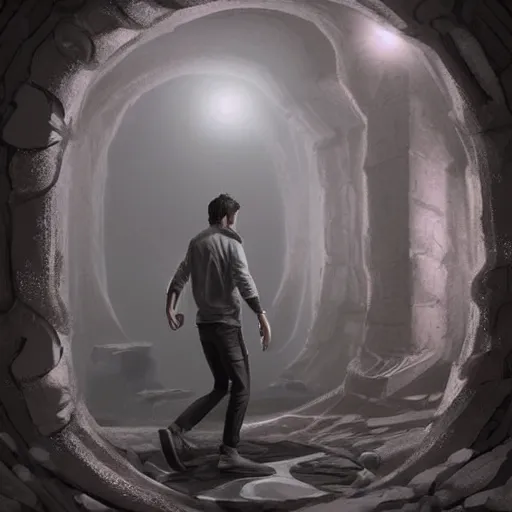 Image similar to a man walking into the portal, concept art, illustration, highly detailed, artwork, cinematic, hyper realistic, art station