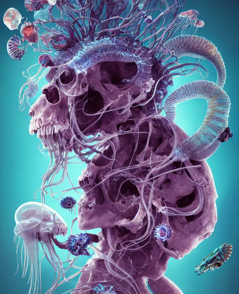 Image similar to goddess close-up portrait ram skull, thorax, x-ray, backbone, jellyfish phoenix head, nautilus, orchid, skull, betta fish, bioluminiscent creatures, intricate artwork by Tooth Wu and wlop and beeple. octane render, trending on artstation, greg rutkowski very coherent symmetrical artwork. cinematic, hyper realism, high detail, octane render, 8k