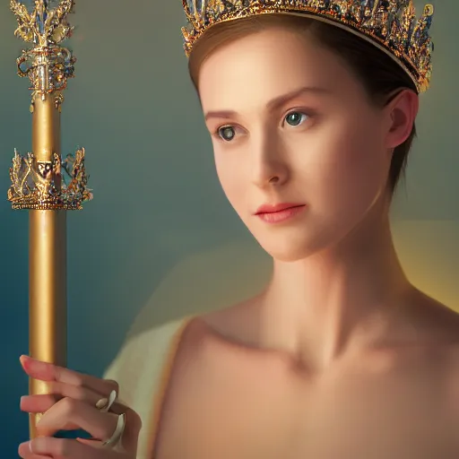 Image similar to a portrait of a beautiful woman wearing a crown, holding a staff, ruler of the world, goddess, princess, silky clothes, light fog, queen of the world, realistic, 8k, ambient lighting, cinematic lighting, depth of field,