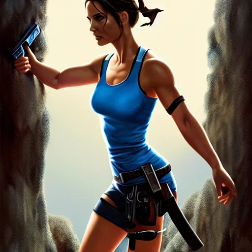 Image similar to Portrait of Natalie Portman as Lara Croft wearing a blue skater dress, Tomb Raider, Alicia Vikander, beautiful, 4k oil on linen by wlop, artgerm, andrei riabovitchev, nuri iyem, james gurney, james jean, greg rutkowski, highly detailed, soft lighting 8k resolution