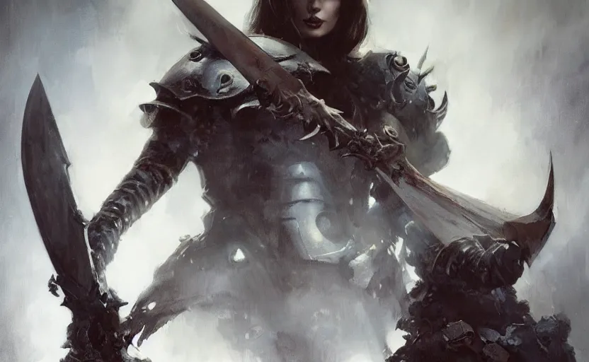 Image similar to A full portrait of a beautiful armored woman, with an oversize Gothic axe, by Frank Frazetta, Greg Rutkowski, Boris Vallejo, epic fantasy art, Exquisite detail, post-processing, masterpiece, cinematic