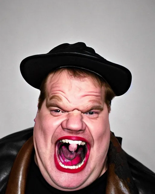 Image similar to headshot of a crazed smiling, mouth open, chris farley, he is wearing a leather bomber cap on his head, he is also wearing an a 2 flight jacket, a long white wool scarf is wrapped around his neck, he has a 5 o'clock shadow