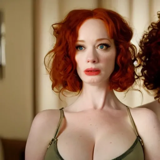 Image similar to a very surprised beautiful Christina Hendricks and her twin sister in the living room, film still from the movie directed by Denis Villeneuve with art direction by Salvador Dalí, wide lens