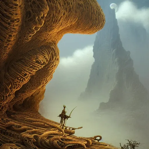 Image similar to Realistic creatue of Zdzisław Beksiński .concept art, wide angle shot, oriental fantasy, Peter Mohrbacher, insanely detailed and intricate, golden ratio, hypermaximalist, matte painting, cinematic, cgsociety, James jean, Brian froud, ross tran,octane render , unreal engine , hyper realistic , 8k render , octane render