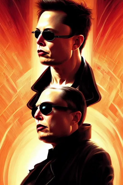 Prompt: elon musk as neo from the matrix, realistic portrait, symmetrical, highly detailed, digital painting, artstation, concept art, smooth, sharp focus, illustration, cinematic lighting, art by artgerm and greg rutkowski and alphonse mucha