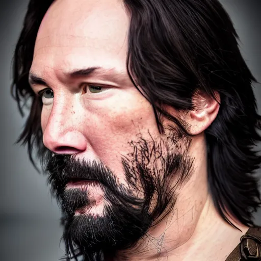 Prompt: hyperrealistic photograph of a brown-haired viking Keanu Reeves, 8k, profile picture, cinematic, high contrast, epic real fantasy, stoic facial expression, looking at the camera