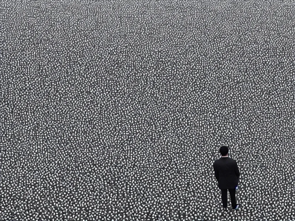 Prompt: ' the center of the world'( ai weiwei huge field of black and light gray striped seed shells stretching into the distance ) was filmed in beijing in april 2 0 1 3 depicting a white collar office worker. a man in his early thirties - the first single - child - generation in china. representing a new image of an idealized urban successful booming china.