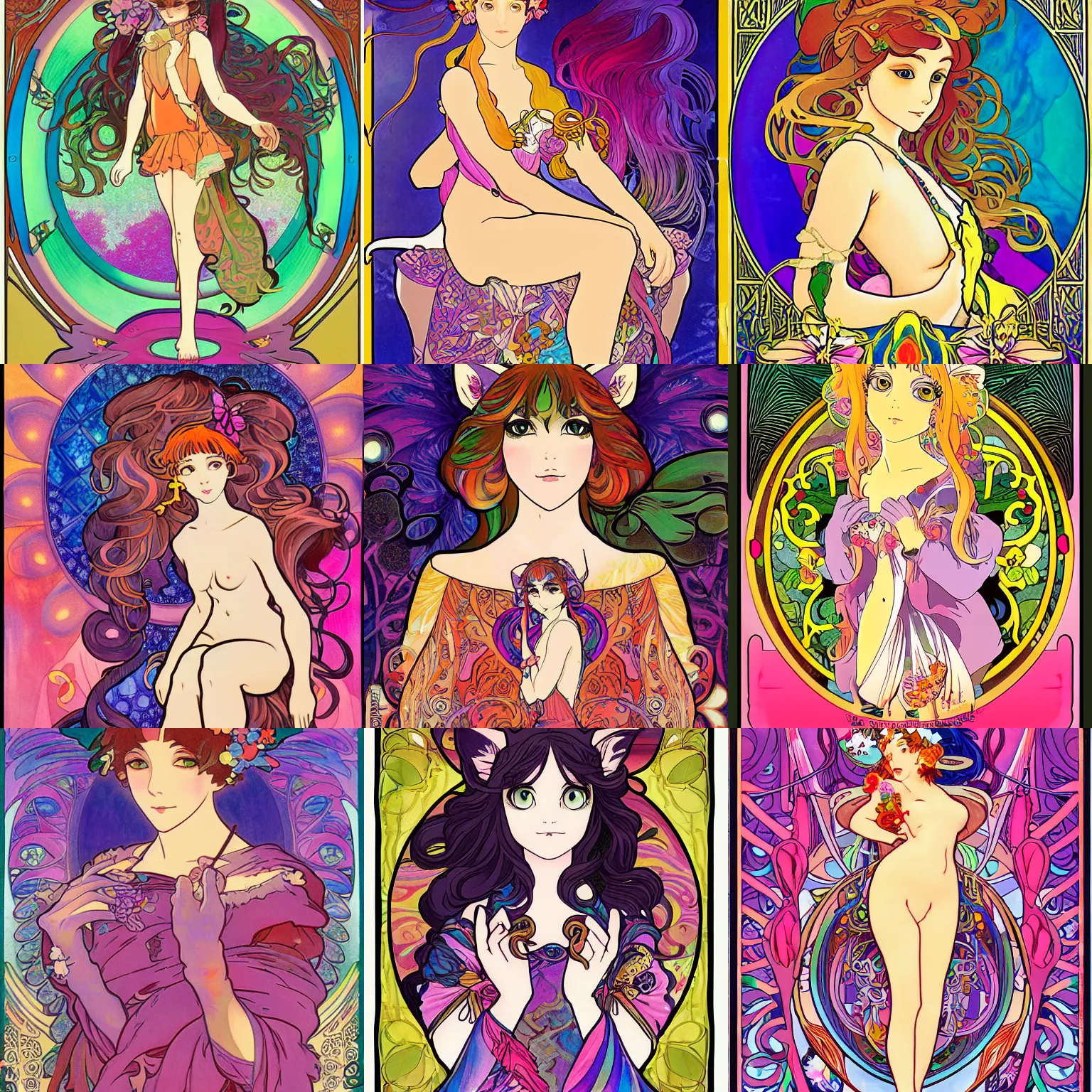 Prompt: a catgirl, painted by alfons mucha for studio ghibli in anime style, lisa frank, art nouveau