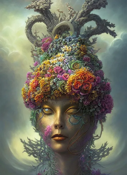 Image similar to helmet of a forgotten deity made of flowers, in the style of tomasz alen kopera and fenghua zhong and peter mohrbacher, mystical colors, rim light, beautiful lighting, 8 k, stunning scene, raytracing, octane, trending on artstation