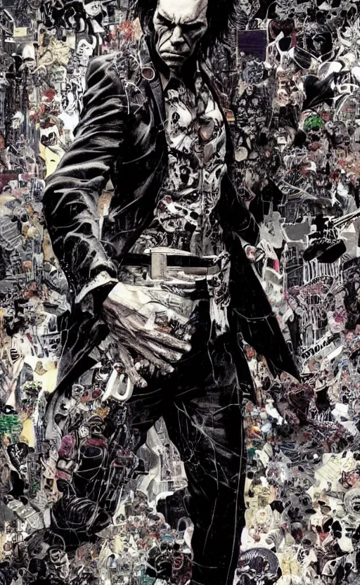 Image similar to full body portrait of nick cave with all the evil inside him, sumi - e lighting style, intricate linework, artstation, trending, highly detailed, smooth, focus, concept art by yoji shinkawa and glenn fabry, lee bermejo, gabriele dell'otto