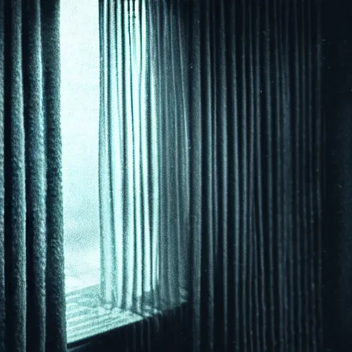 Image similar to a detailed photograph of the outside of a house with curtains in the windows, a replicant is peeking out at you through the curtains, 8 k, highly detailed, editorial