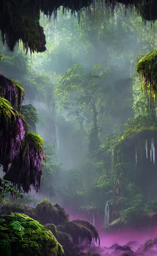 Image similar to a beautiful render of a dark prehistoric rainforest in a humongous cave, lush flora, patches of magenta sky,, sunset, floating mountains and a waterfall in the background, intricate detail, hazy, humid, volumetric lighting, 8 k, photorealistic, raytracing effects, unreal engine 5