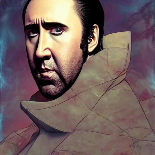 Image similar to prompt : nicolas cage portrait soft light painted by james jean and katsuhiro otomo and erik jones, inspired by evangeleon anime, smooth face feature, intricate oil painting, high detail illustration, sharp high detail, manga and anime 1 9 9 9