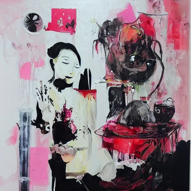 Image similar to “ a portrait in a female art student ’ s apartment, sensual, a pig theme, art supplies, paint tubes, ikebana, herbs, a candle dripping white wax, black walls, squashed berries, berry juice drips, acrylic and spray paint and oilstick on canvas, surrealism, neoexpressionism ”