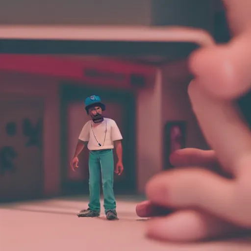 Image similar to a cinematic film still of a claymation stop motion film starring chance the rapper as a college student, shallow depth of field, 8 0 mm, f 1. 8