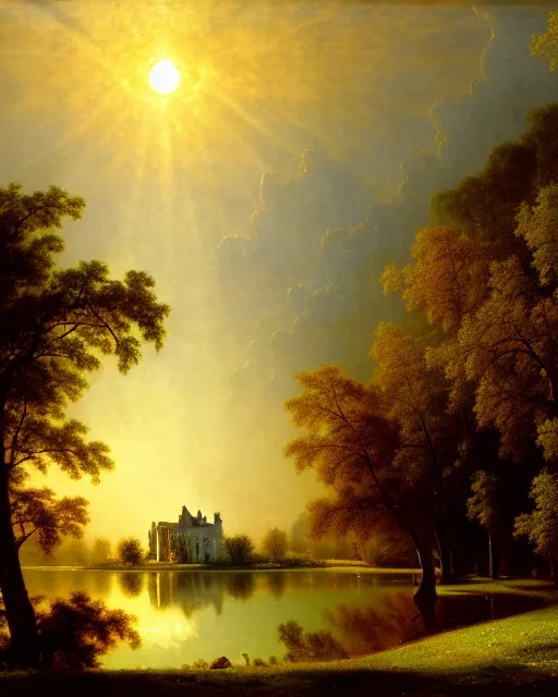 Image similar to beautiful illustration of chateau in a serene landscape, by albert bierstadt, magic realism, narrative realism, beautiful matte painting, heavenly lighting, retrowave, 4 k hd wallpaper