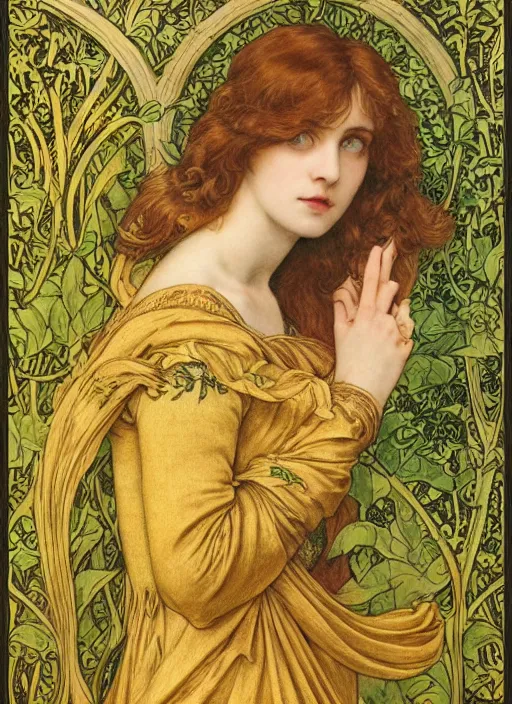 Image similar to masterpiece beautiful seductive flowing curves pose preraphaelite portrait photography, extreme close up, straight bangs, thick set, yellow ochre ornate medieval dress, mushroom forest arch, amongst foliage, william morris and kilian eng and mucha, framed, 4 k