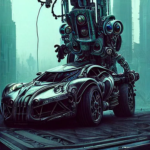 Image similar to shiny cyberpunk vehicle reminiscent of fast car with robotic enhancements parked in ancient mystic woods, gothic and baroque, brutalist architecture, ultradetailed, creepy ambiance, fog, artgerm, giger, Intricate by Ellen Jewett and Josan Gonzalez and Giuseppe Arcimboldo