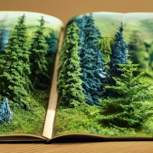 Prompt: open paperback book with a miniature forest coming out of the pages, dslr tilt shift