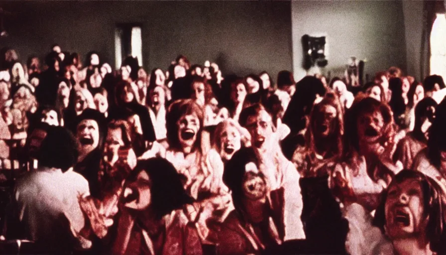 Prompt: 7 0 s film still from a horror movie with people laughing at a funeral, kodachrome, cinecolor, cinestill, photorealism, cinematic, film grain, film texture, vhs recording