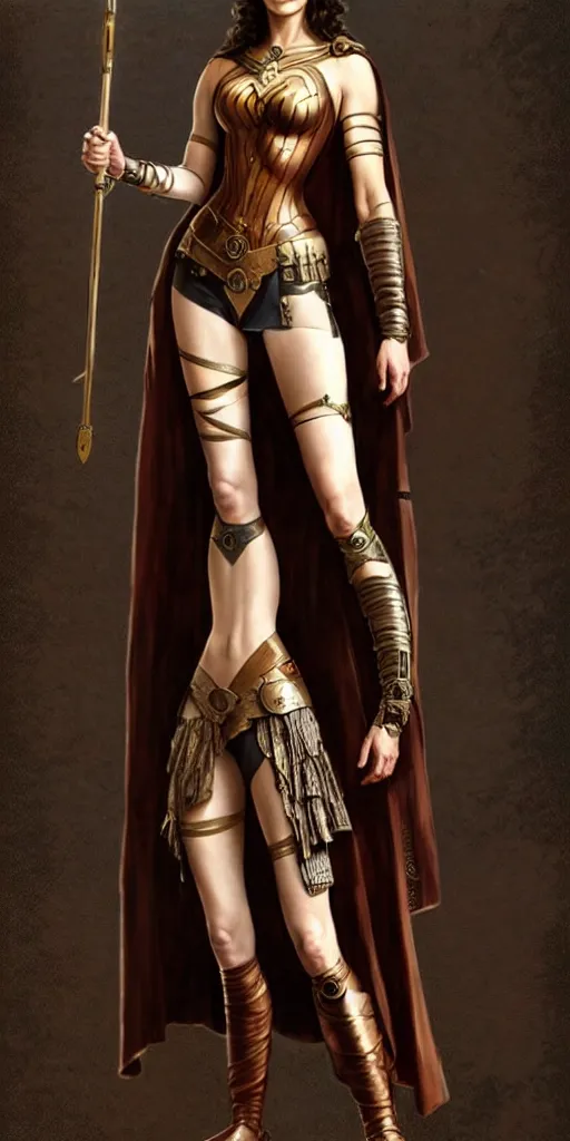 Image similar to highly detailed steampunk gal gadot standing, cape, bo staff : leonardo da vinci, greg rutkowski, magali villeneuve