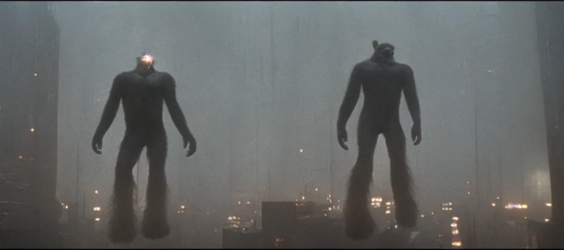 Image similar to an award winning photo of bigfoot in a still from the movie blade runner ( 1 9 8 2 ), 4 k, high quality