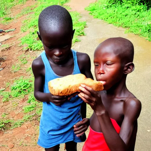 Image similar to photo of a malnourished ugandan boy sharing bread with a blond american