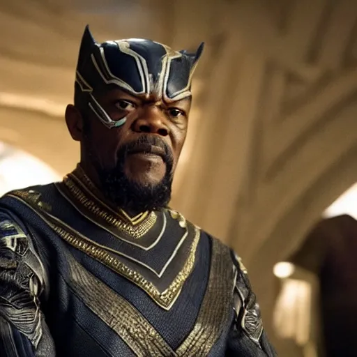 Image similar to film still of Samuel L Jackson as King T-Challa, in new Black Panther film