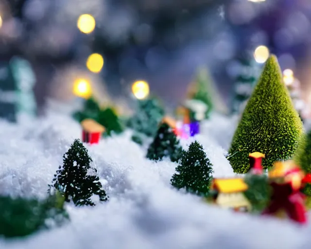 Image similar to dream a miniature festive and christmas village in the snow, tilt - shift, lit up christmas trees, winter atmosphere, soft filter, photography, depth of field