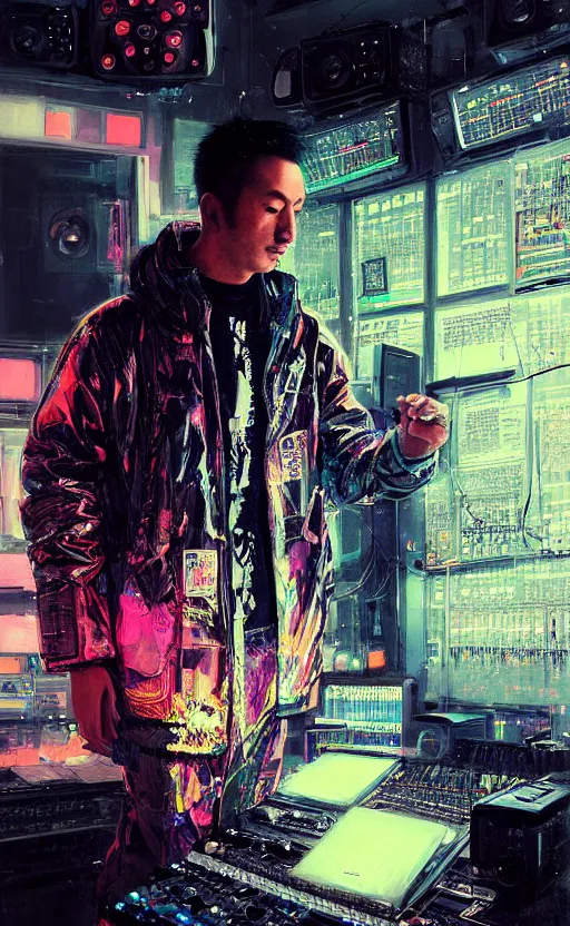 Image similar to detailed portrait of a music producer in his studio lab, neon operator, cyberpunk futuristic neon, reflective puffy coat, decorated with traditional japanese ornaments by ismail inceoglu dragan bibin hans thoma greg rutkowski alexandros pyromallis nekro rene maritte illustrated, perfect face, fine details, realistic shaded, fine - face, pretty face