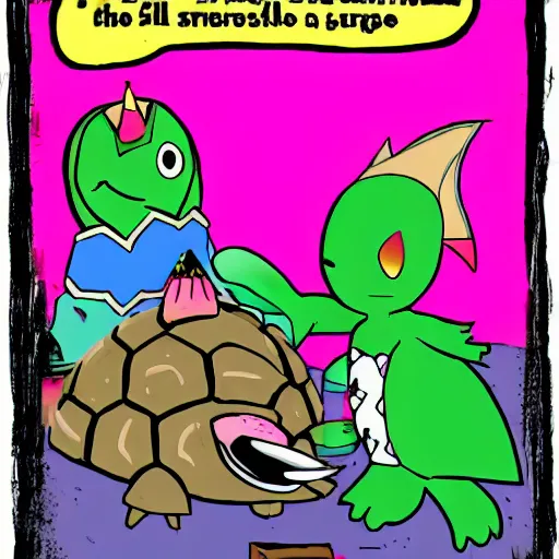 Prompt: an evil turtle with spiked shell kidnapping a young princess with a pink dress