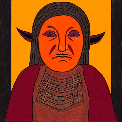 Prompt: illustrated portrait of ugly ram-horned woman with orange skin