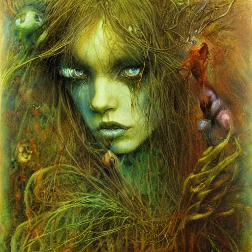 Image similar to rusalka of the blighted swamp, by brian froud, cold colors, oil on canvas