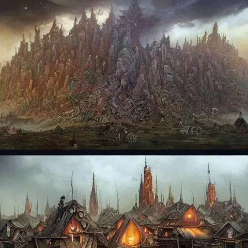 Prompt: an epic hyperdetailed 3 d matte painting of a wiccan shantytown in the victorian village surrounded by colossal biomorphic hallucinogenic demonic eldritch beings by peter mohrbacher by gerald brom by yoji shinkawa by richard michael gorman powers