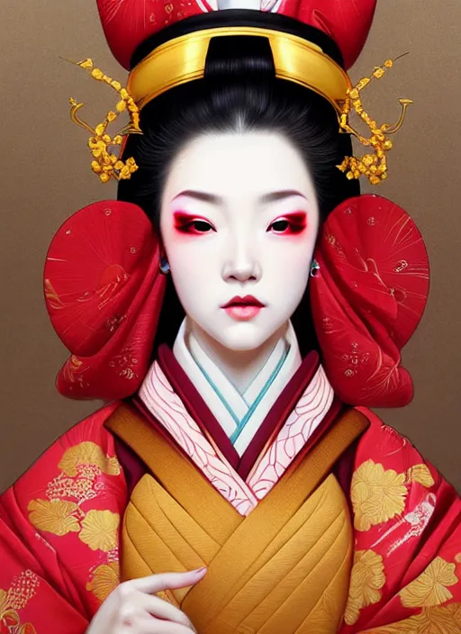 Image similar to dreamlike luxury stunning oiran portrait, red and gold kimono, art by artgerm, wlop, loish, ilya kuvshinov, 8 k realistic, hyperdetailed, beautiful lighting, detailed background, depth of field, symmetrical face, frostbite 3 engine, cryengine,