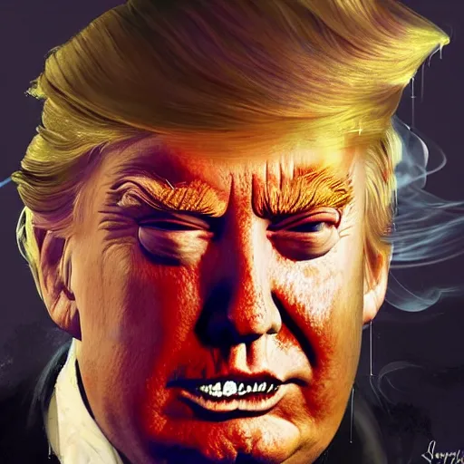 Prompt: Messy Baby Donald Trump covered in chocolate, cyberpunk, surrounded by smoke, award-winning art, hyperrealistic, by Sam Spratt, by Vlad Rodrig﻿u﻿e﻿z, trending on Artstation, dark, dramatic, cinematic, realistic studio lighting, raytracing, 4k, professional, canon