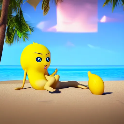 Image similar to a super cute cartoon network lemon character, it's is relaxing on a beach, by dalle - 2, octane render, 3 d, volumetric lightening,