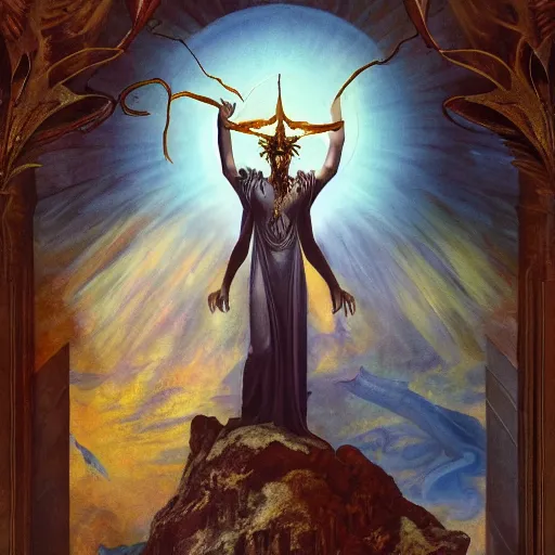 Prompt: A stunning, breathtaking, awe-inspiring, award-winning, ground breaking, concept art nouveau painting of Lucifer standing tall invincible over the remains of Heaven, by Michelangelo, dark fantasy, exquisite, intricate, dramatic, hyperrealistic, atmospheric, cinematic, trending on ArtStation , 8k