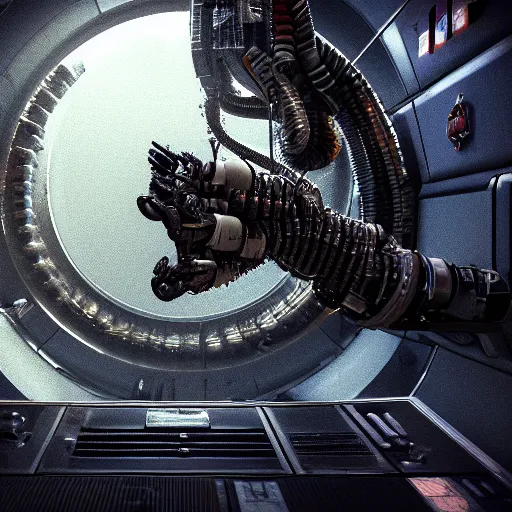 Image similar to high detailed industreal cyborg working in sci - fi server room. cinematic shot from alien isolation