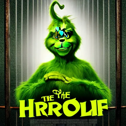 Image similar to The Grinch in maximum security prison behind bars, movie poster, indoors, highly detailed, portrait, 8k, smooth