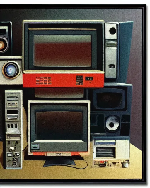 Prompt: a monitor amongst 8 0 s era technology, vintage shapes, retro technology, vintage color, wayne barlow, oil on canvas, deep depth of field, masterpiece, cinematic composition, hyperdetailed